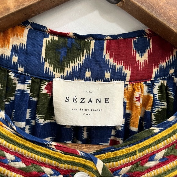 Sezane Robe Glorina Midi Dress in Candy Multicolor Ikat Print Embroidered Trim - Picture 14 of 16